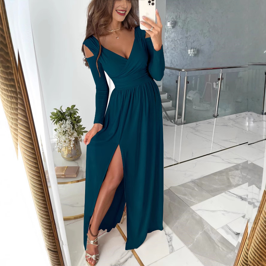 Long sleeve V-neck solid color slit hem dress 14 02