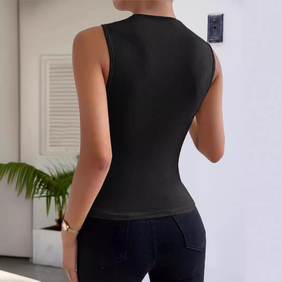 Solid color pleated sleeveless half turtleneck T-shirt 33