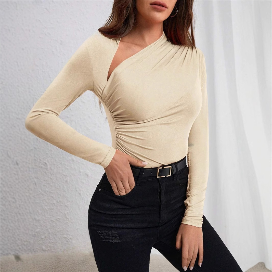 Asymmetric neckline pleated side long sleeve T-shirt 46